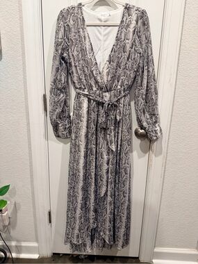 Inmod Snake Print Long Sleeve Wrap Maxi Dress Belted Gray White Size S